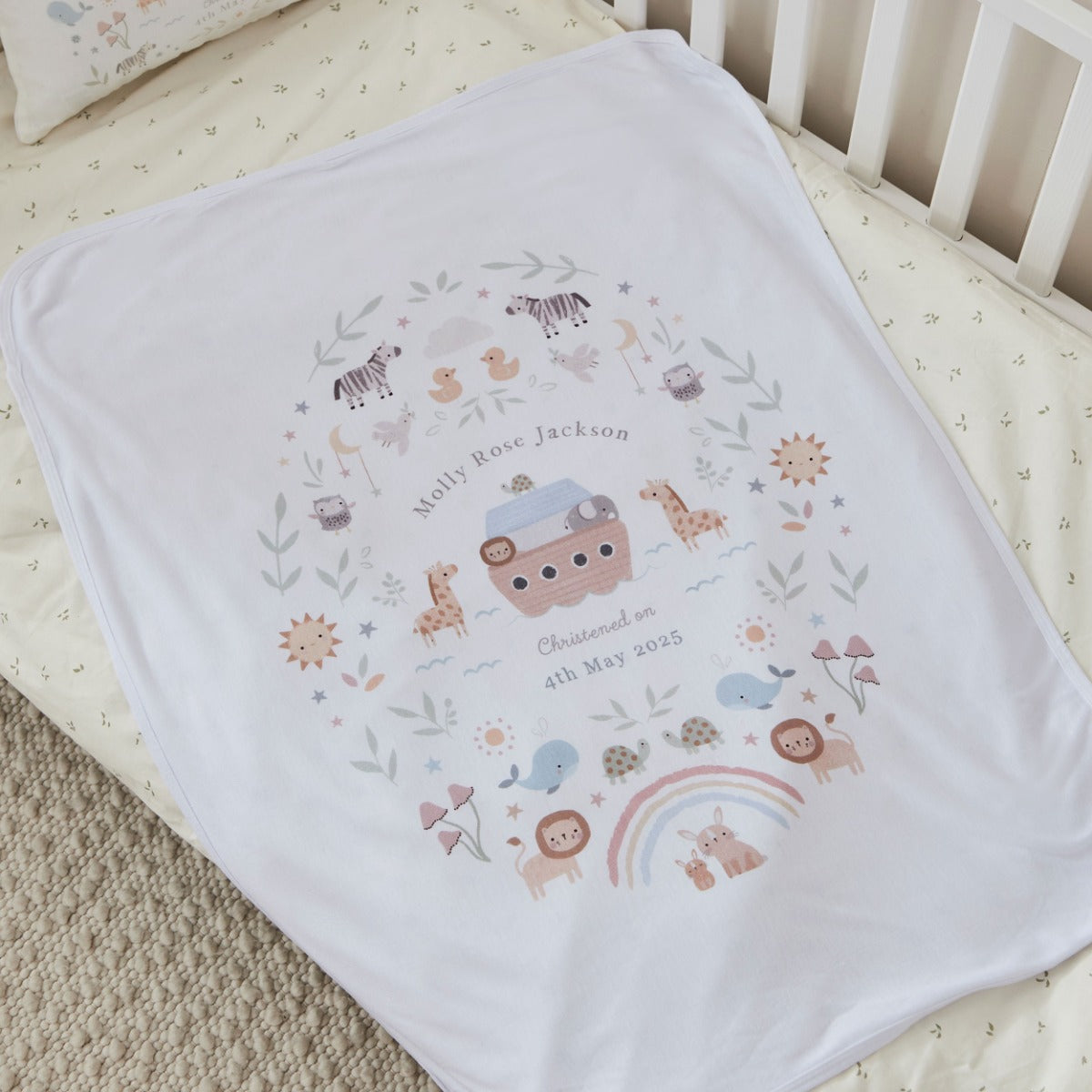 Personalized Noah's Ark Christening Baptism Jersey Blanket