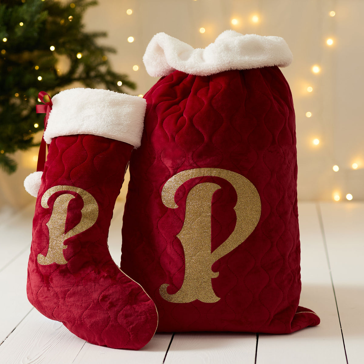 Personalised Red Velvet Initial Sack and Stocking Gift Set