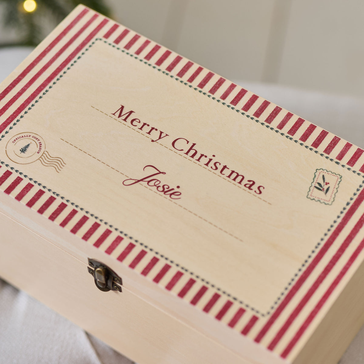 Personalised Red Stripe Christmas Wooden Keepsake Box FSC®