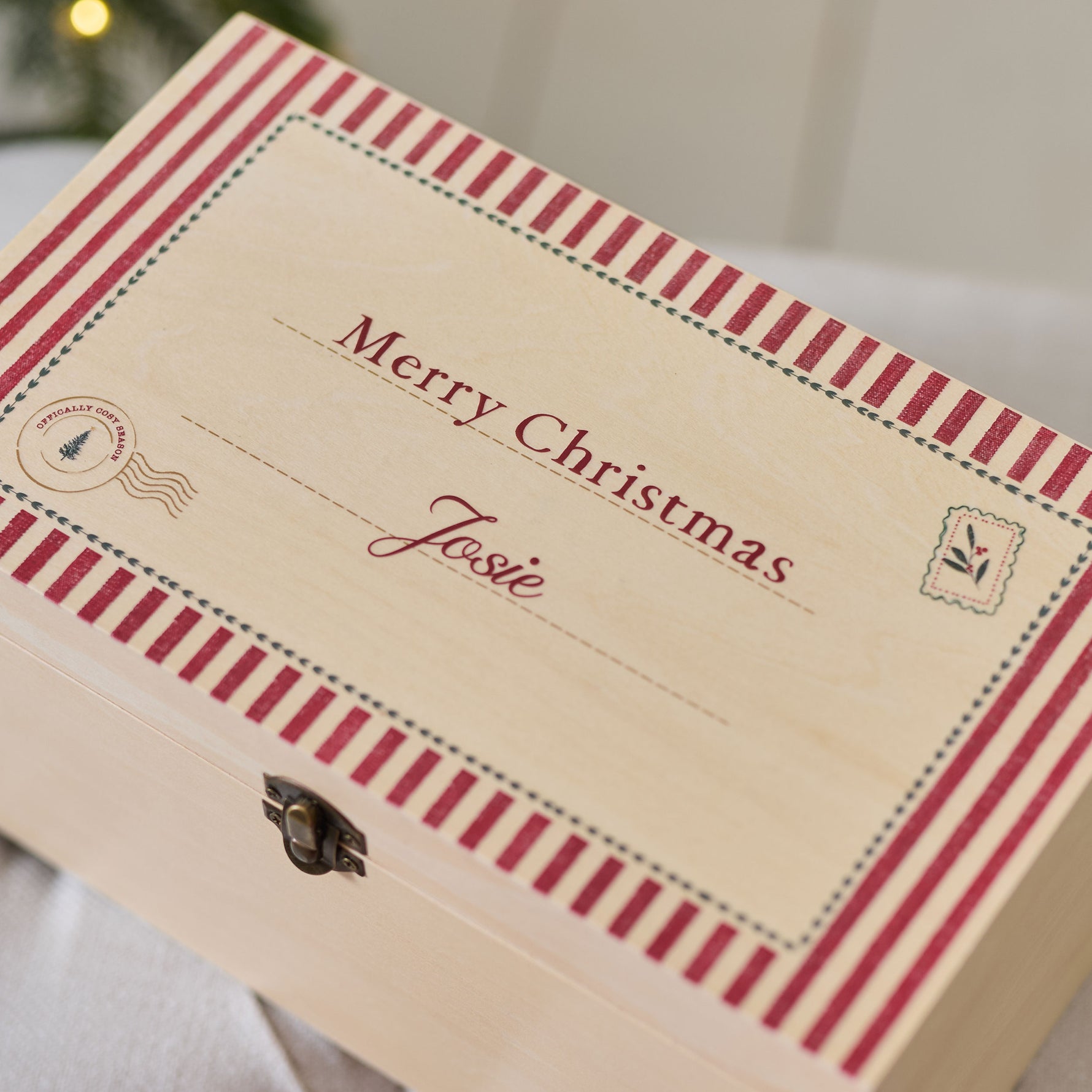 Personalised Red Stripe Christmas Wooden Keepsake Box FSC®
