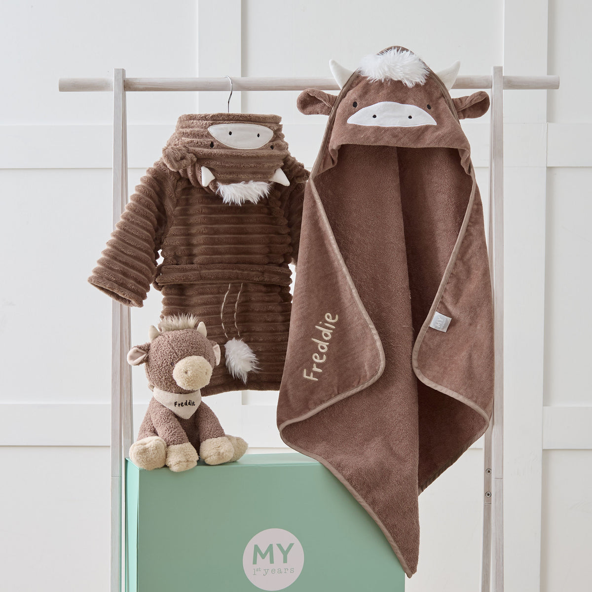 Personalised Highland Cow Splash, Snuggle and Cuddle Set
