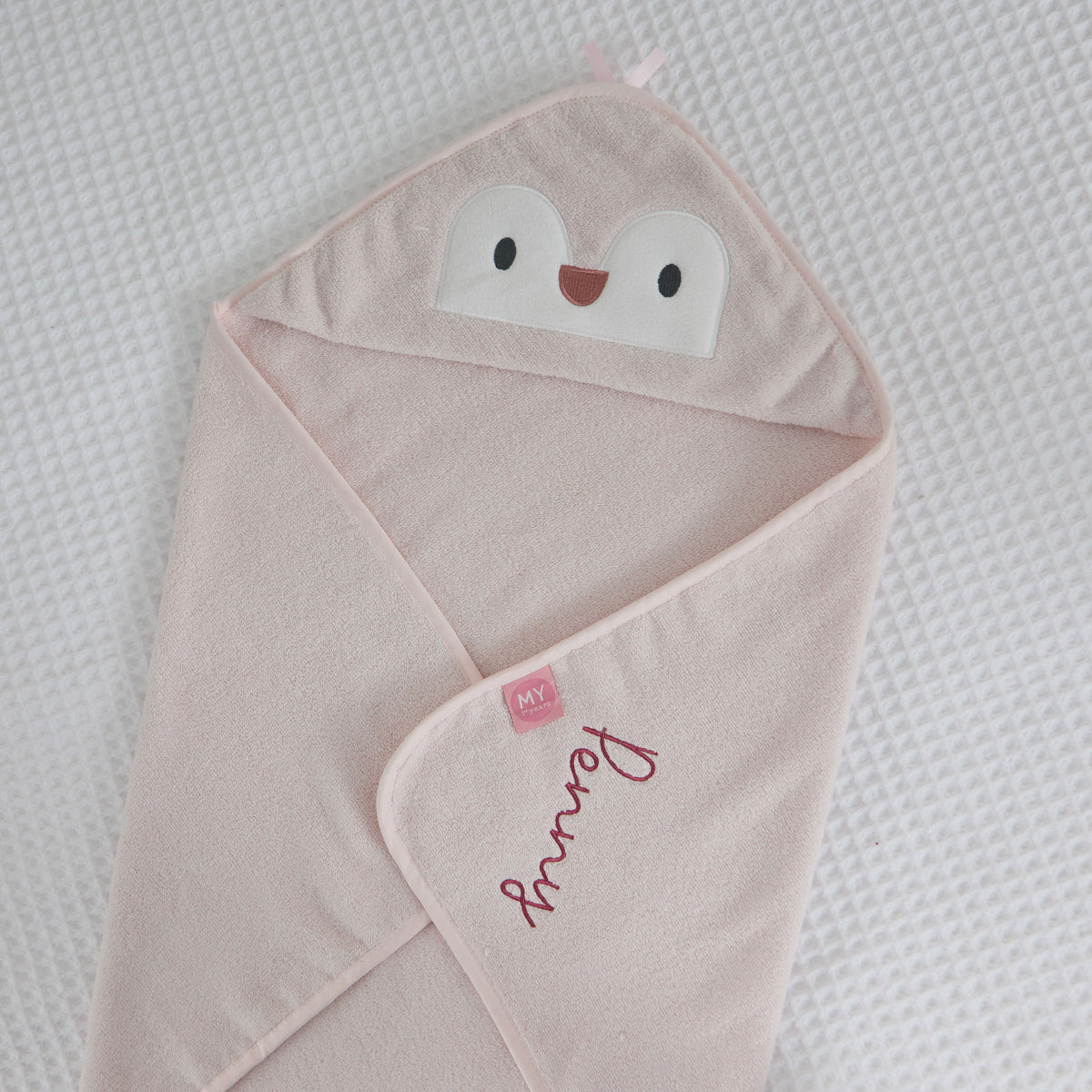Personalised Pink Penguin Curved Hooded Towel