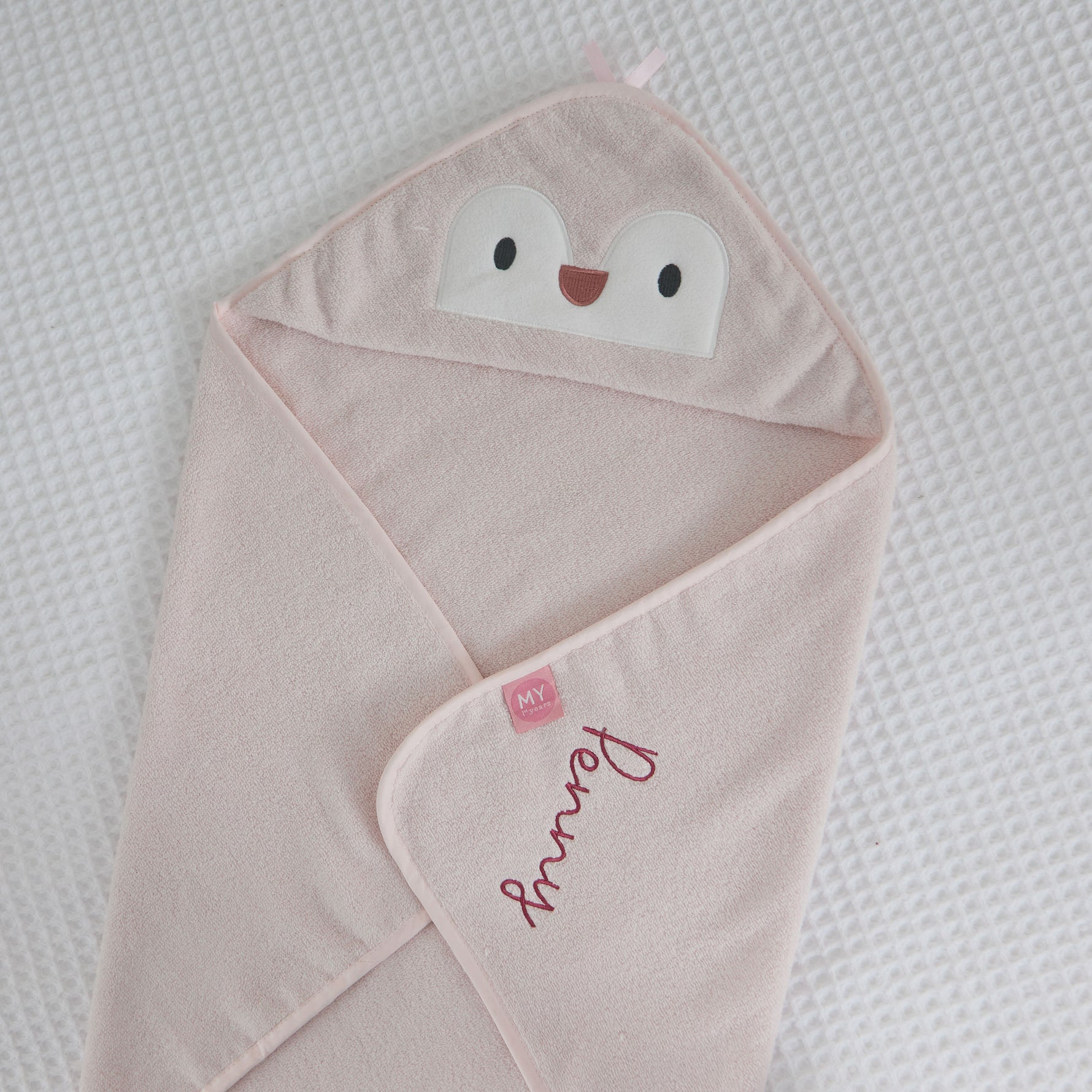 Personalised Pink Penguin Curved Hooded Towel