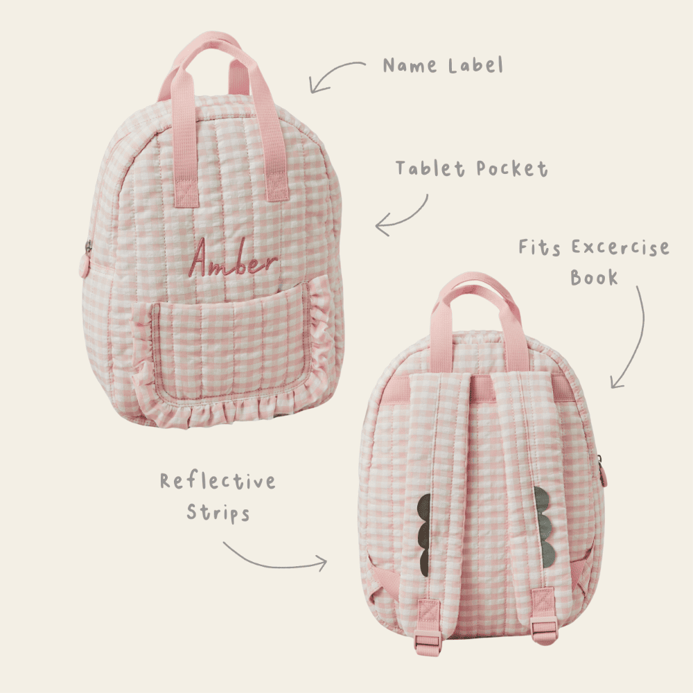 Personalised Pink Gingham Kids Backpack