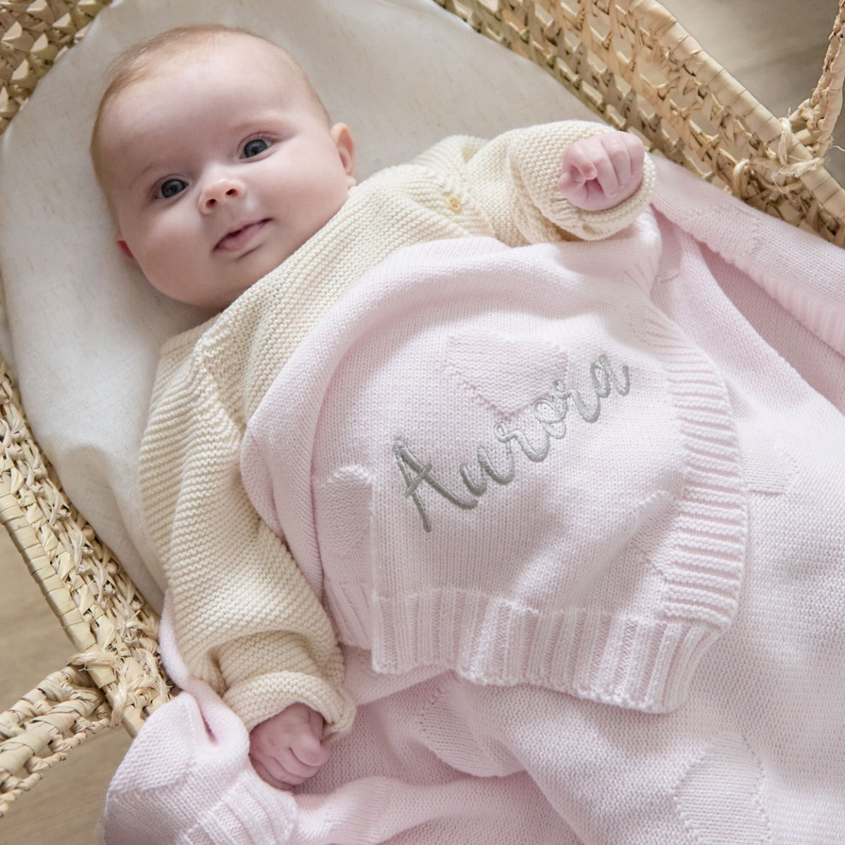 Personalized Pale Pink Heart Jacquard Baby Blanket