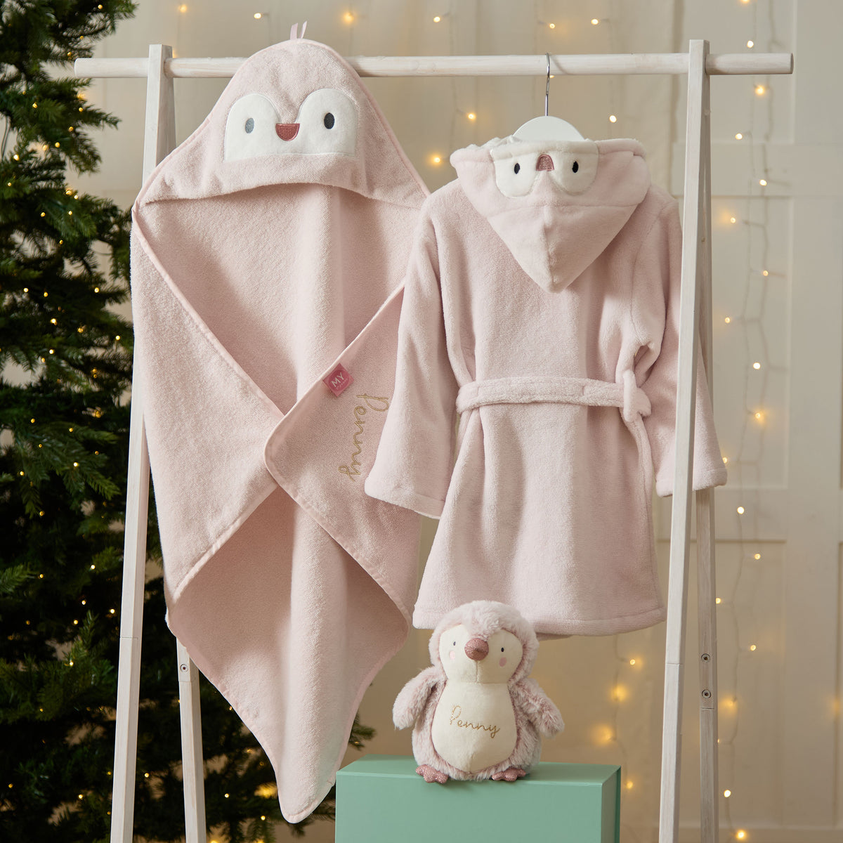 Personalised Pink Penguin Splash, Snuggle and Cuddle Gift Set