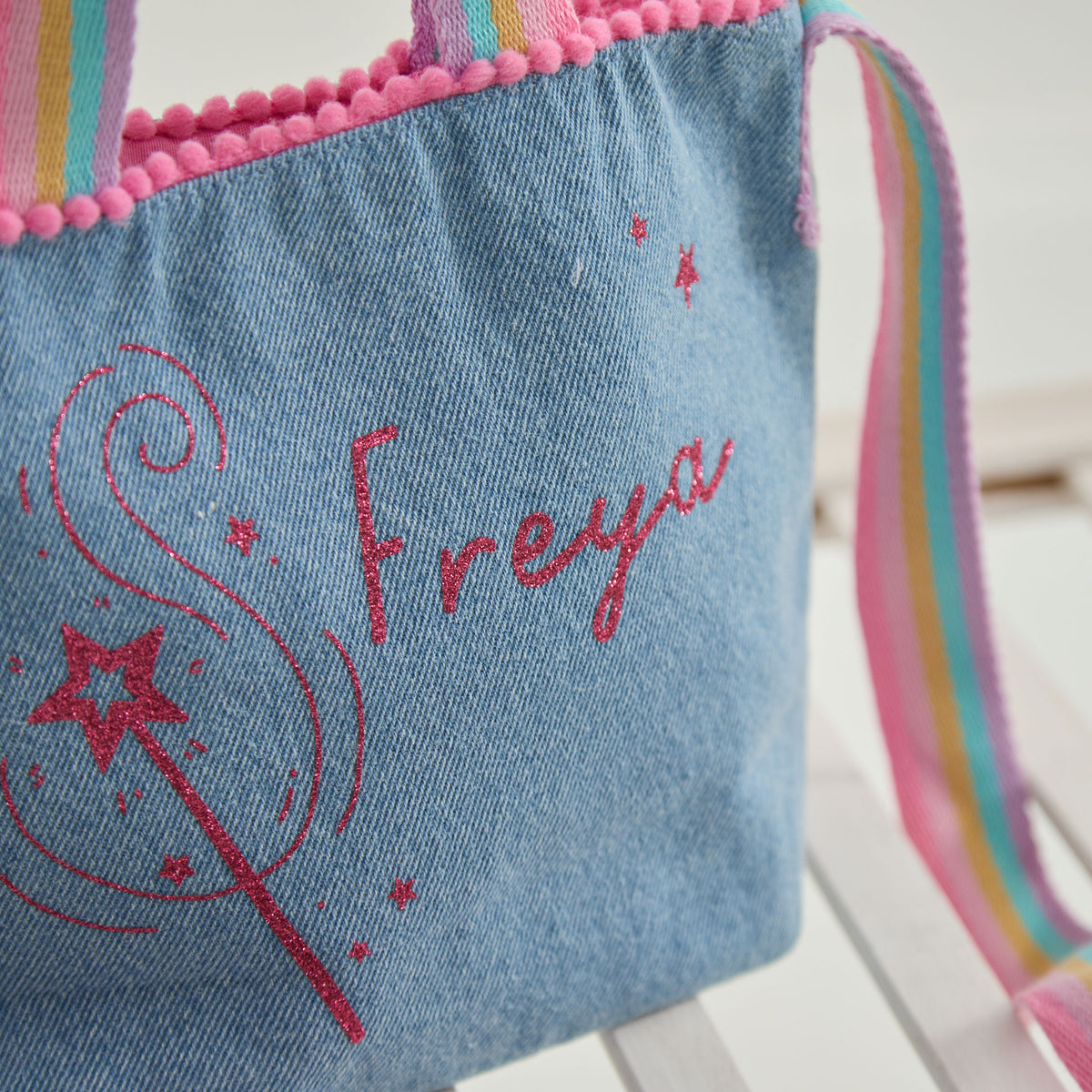 Personalised Pink Glitter Denim Handbag