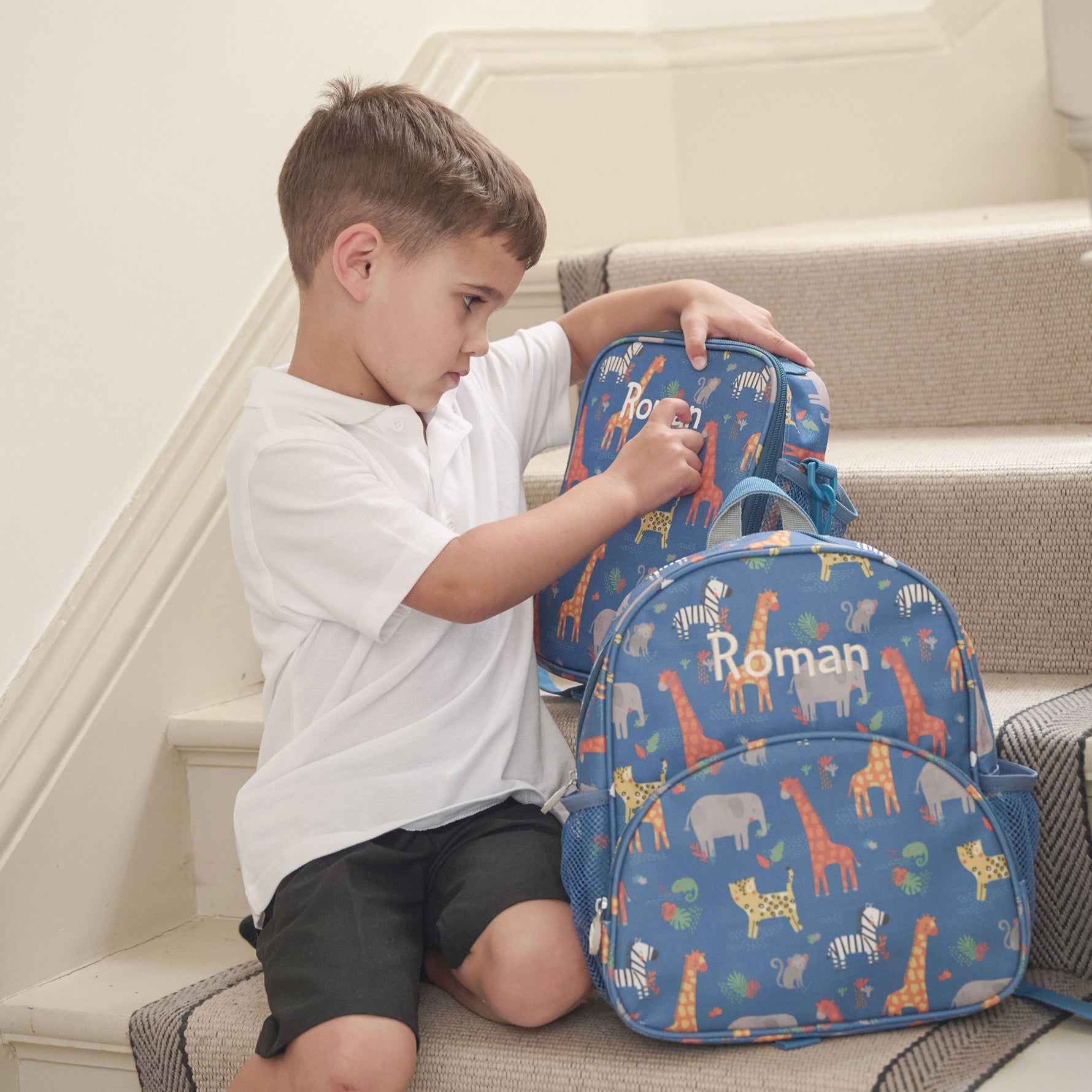 Personalised Navy Safari Print Medium Backpack