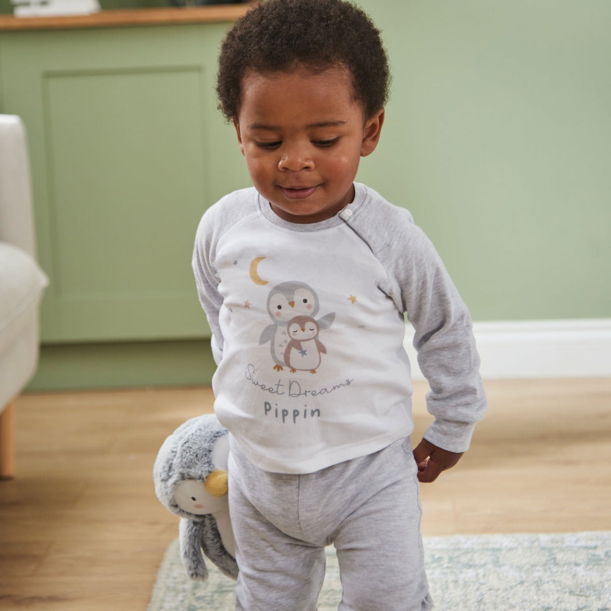 Personalised Penguin Sweet Dreams Grey Jersey Pyjamas