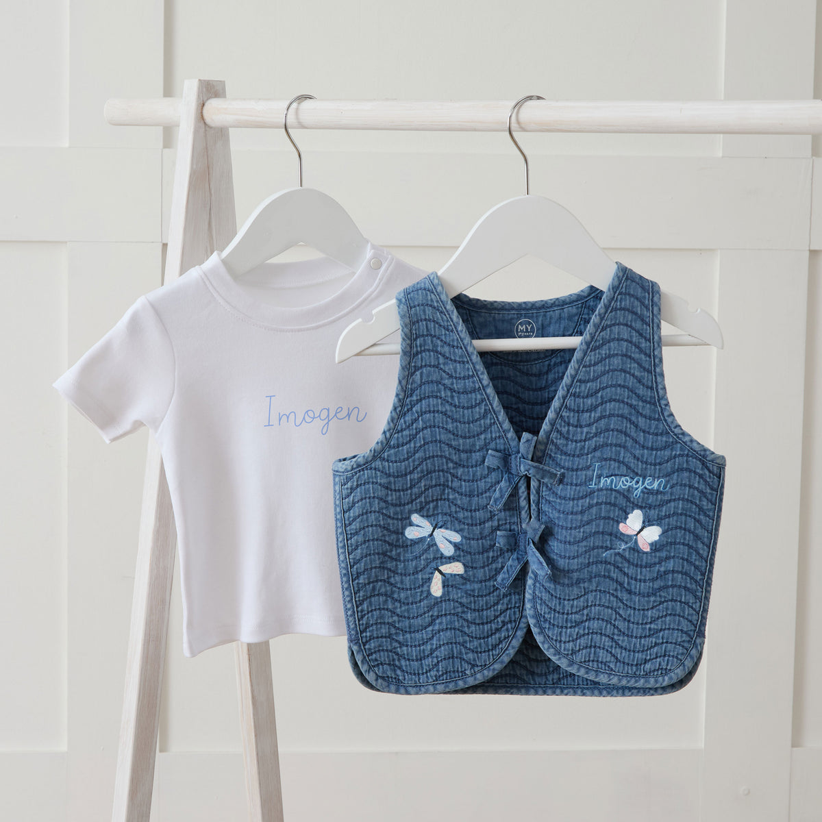 Personalised Butterfly Denim Gilet and White Tee Gift Set