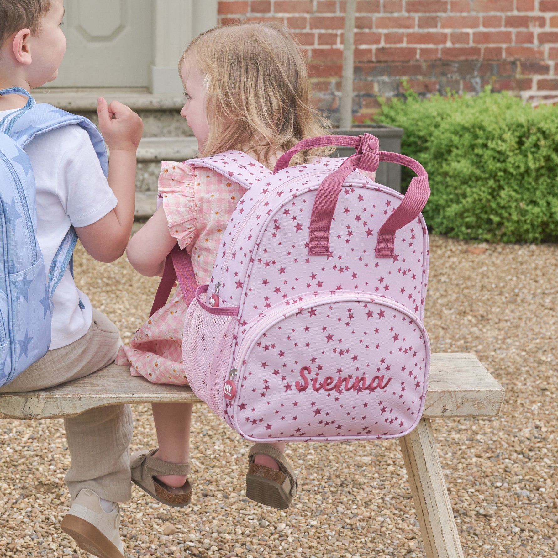Personalised Pink and Burgundy Star Pocket Medium Backpack