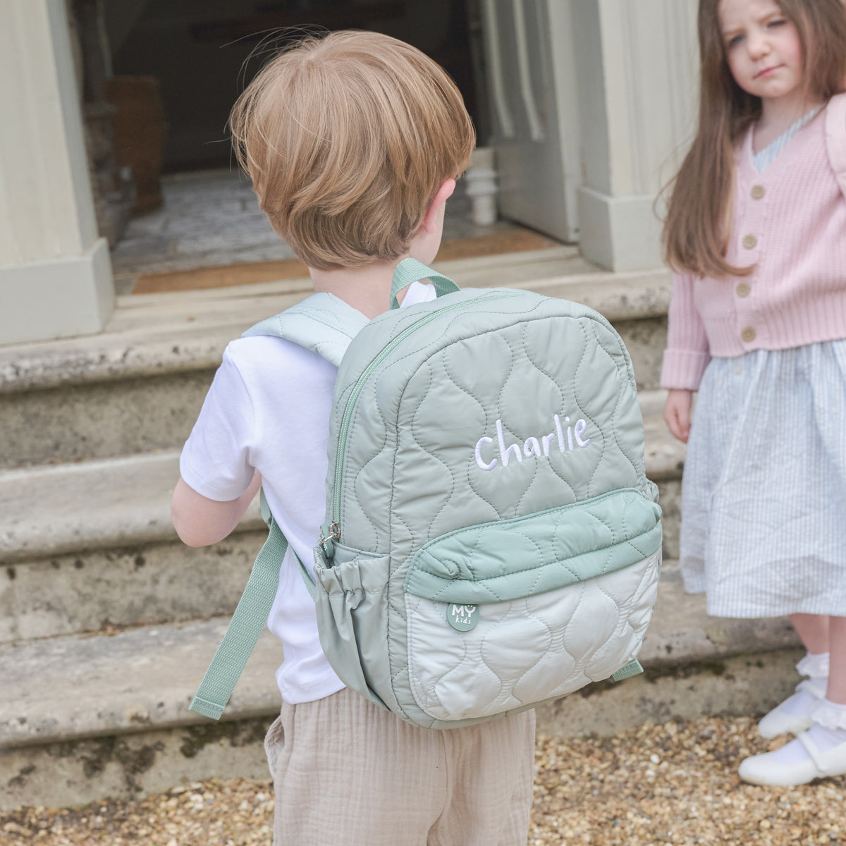 My Kids Personalised Colour Block Quilted Medium Backpack in Sage  