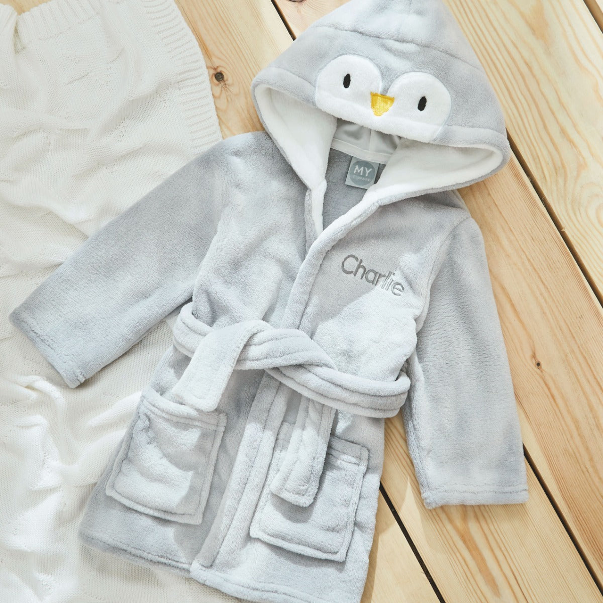 Personalized Grey Penguin Fleece Robe