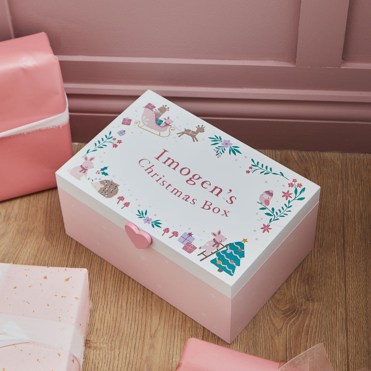 Personalised Wooden Pink Christmas Keepsake Box FSC®