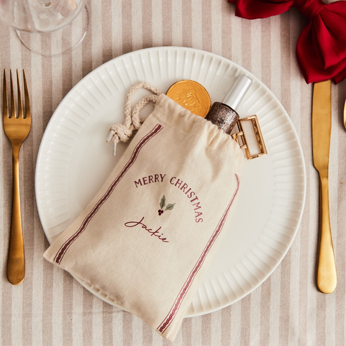 Personalised Traditional Christmas Drawstring Gift Bag