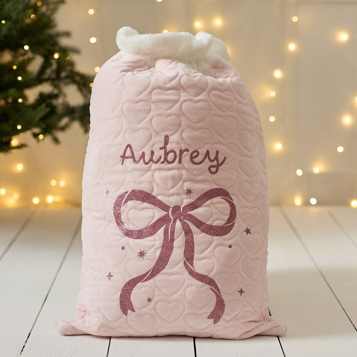 Personalised Glitter Bow Pink Velvet Christmas Sack