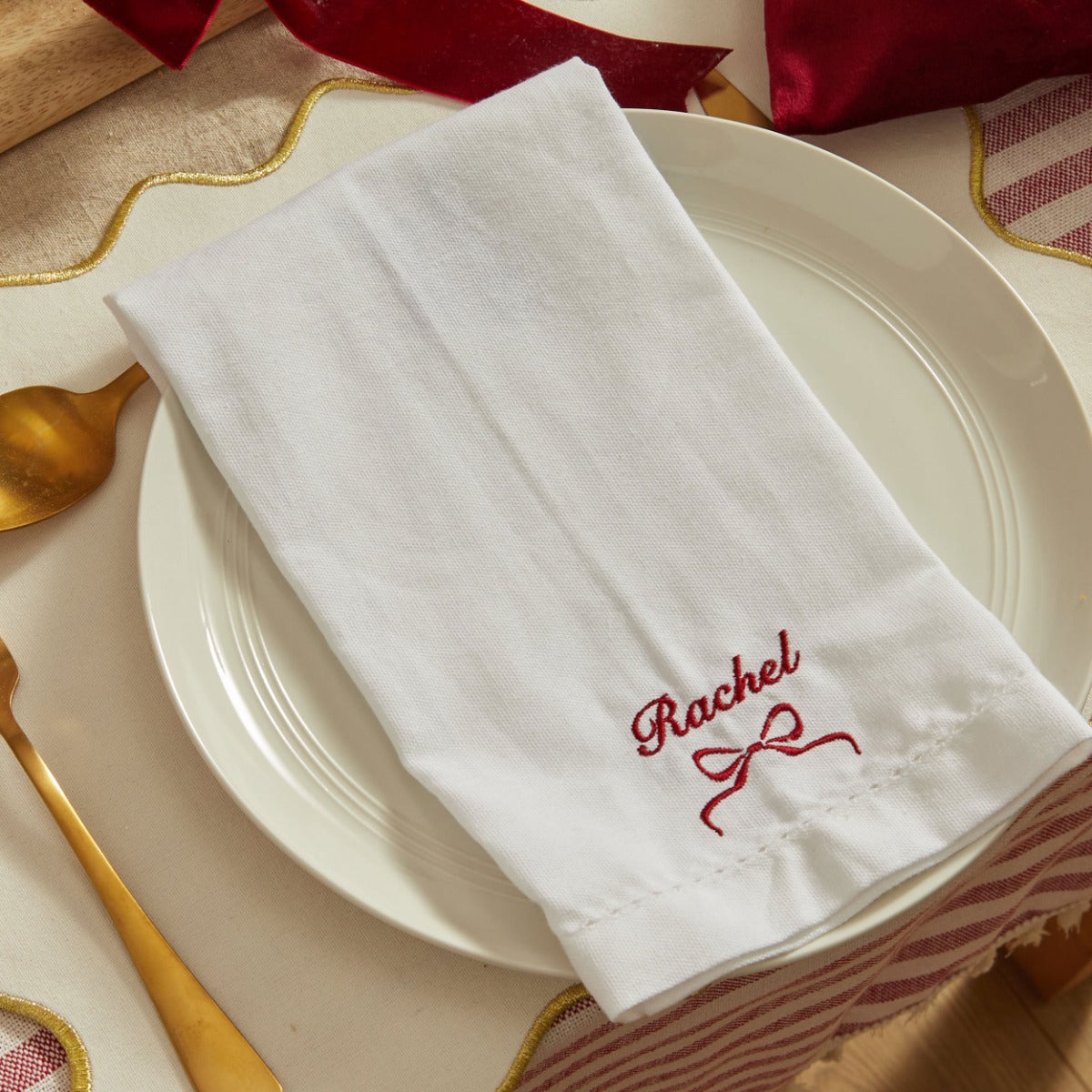 Personalised Embroidered Bow Cotton White Napkin
