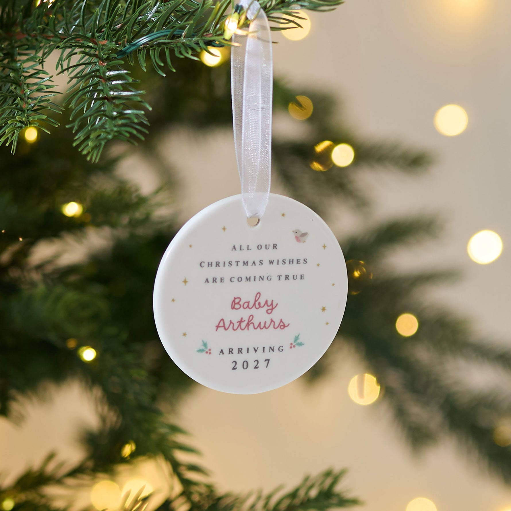 Personalised Christmas Wishes Are Coming True Round Ceramic Decoration