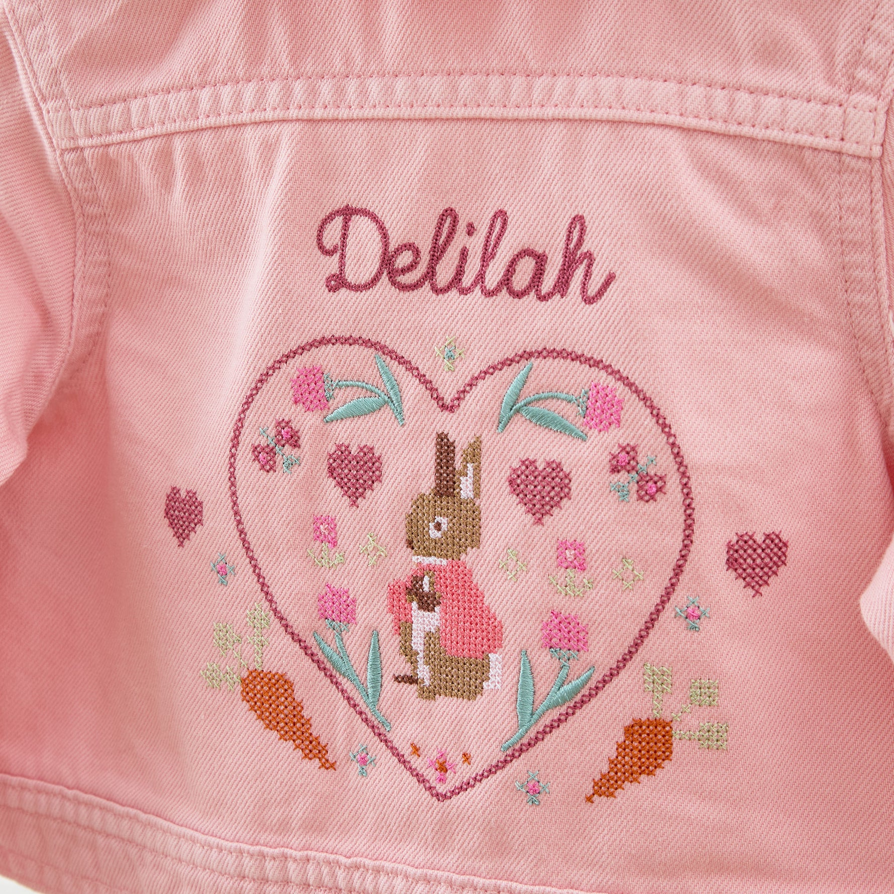 Personalised Flopsy™ Bunny Cross Stitch Pink Denim Jacket