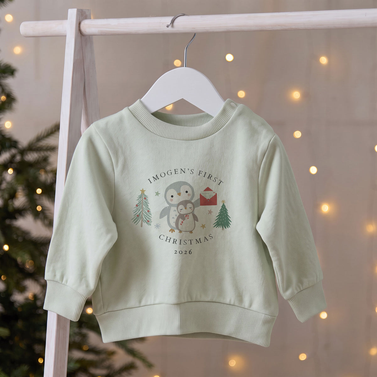 Personalised Penguin First Christmas Sage Sweatshirt