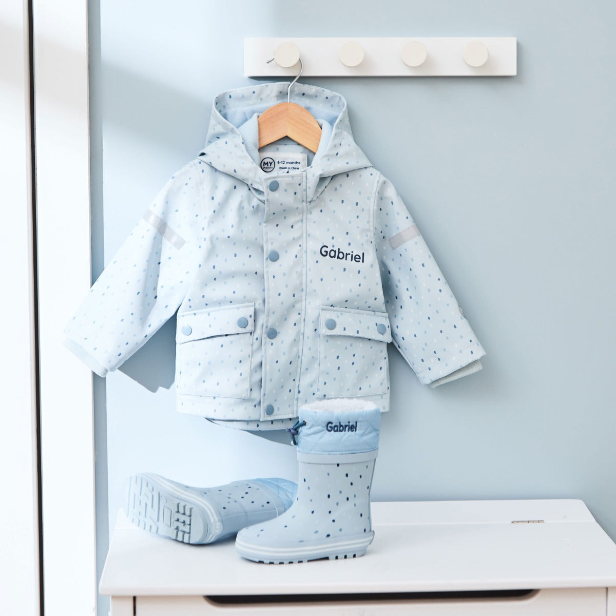 Personalised Blue Spot Rainy Day Set
