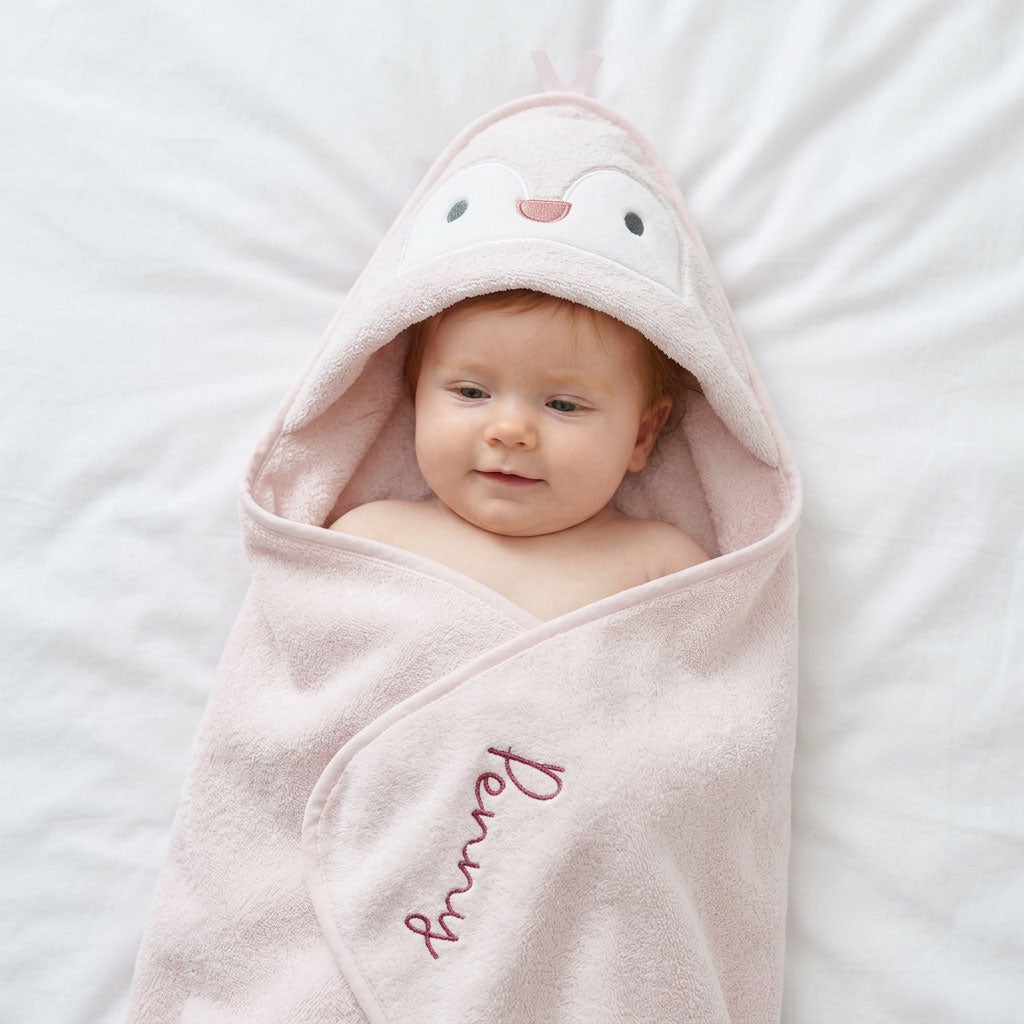 Personalised Pink Penguin Curved Hooded Towel