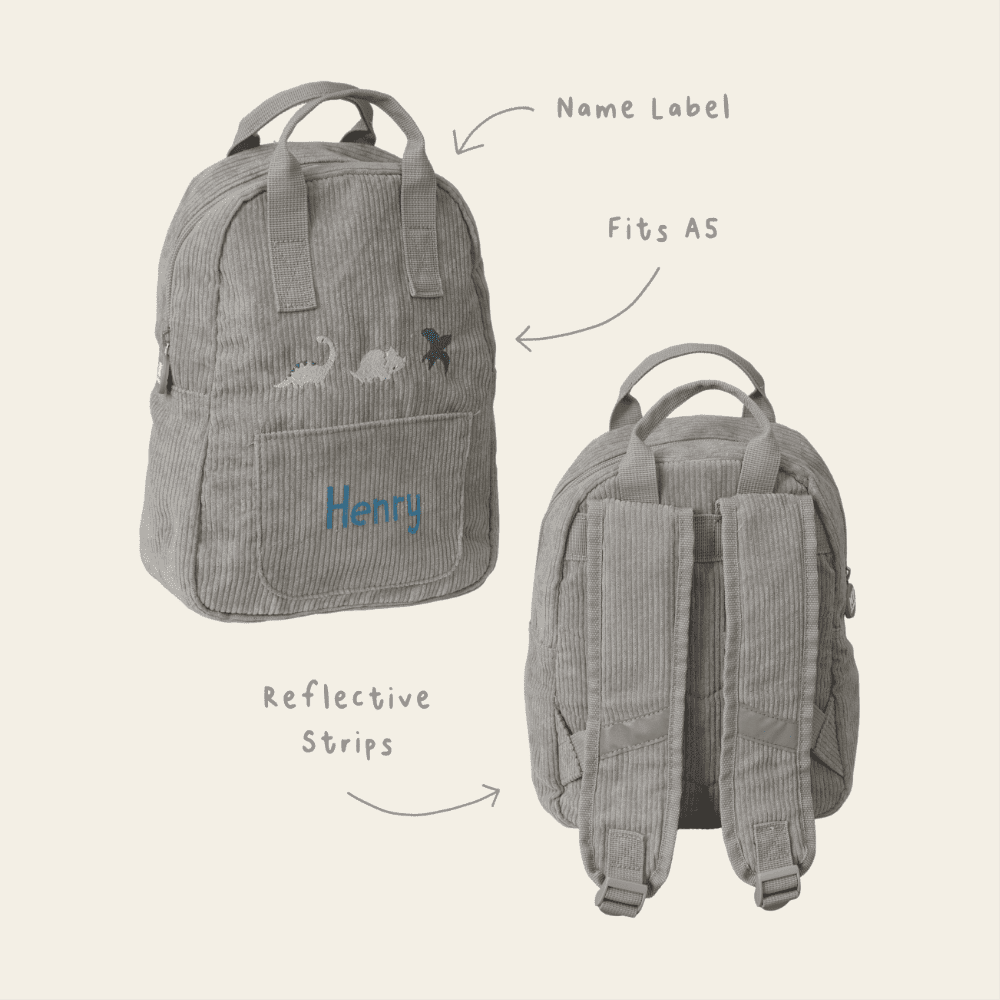 Personalised 3 Dinos Embroidered Grey Cord Backpack