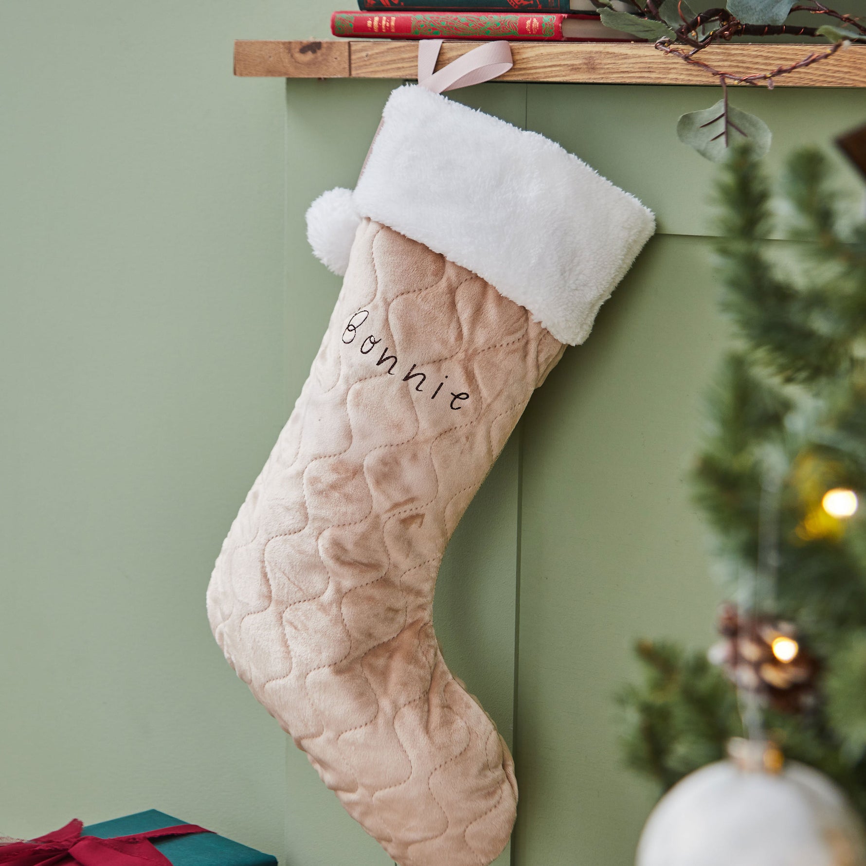 Personalised Name Small Oatmeal Velvet Gift Stocking
