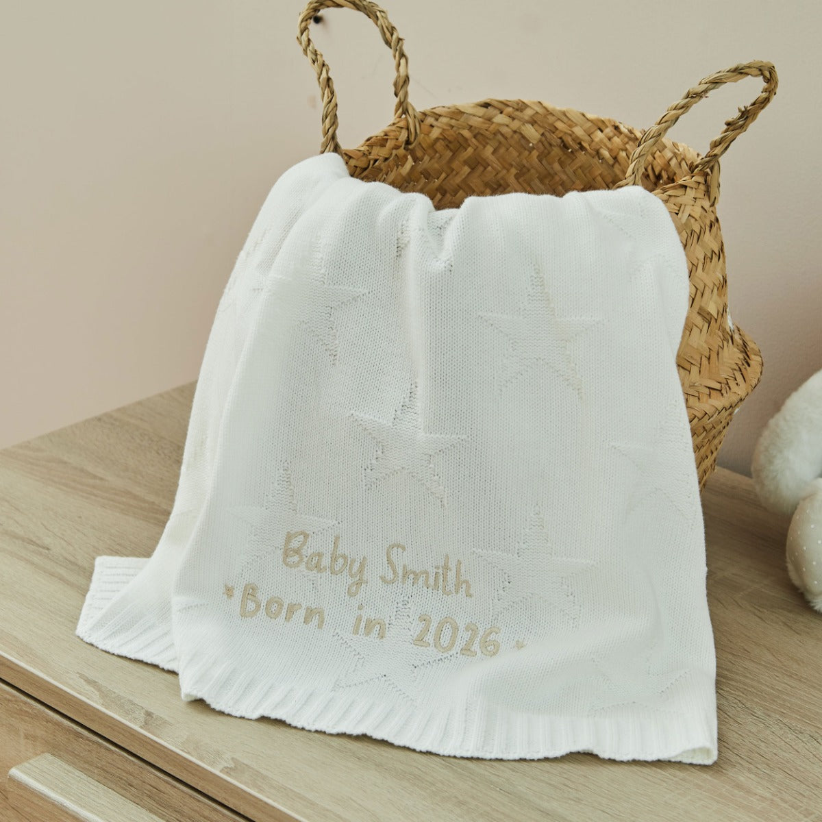Personalized Born In 2026 Ivory Star Jacquard Baby Blanket