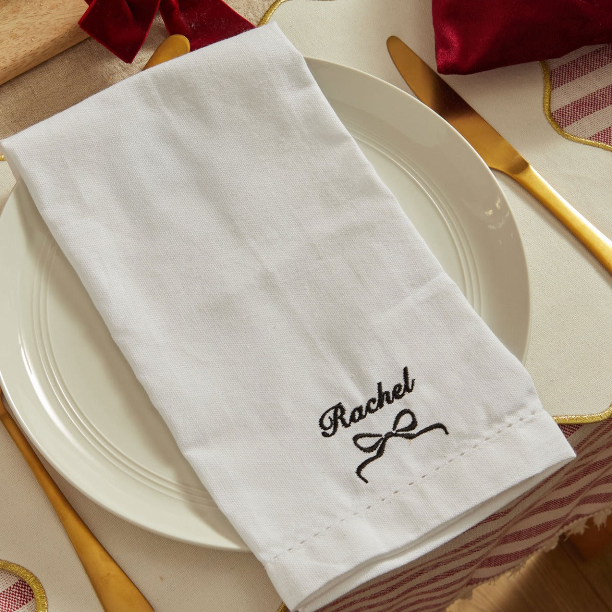 Personalised Embroidered Bow Cotton White Napkin