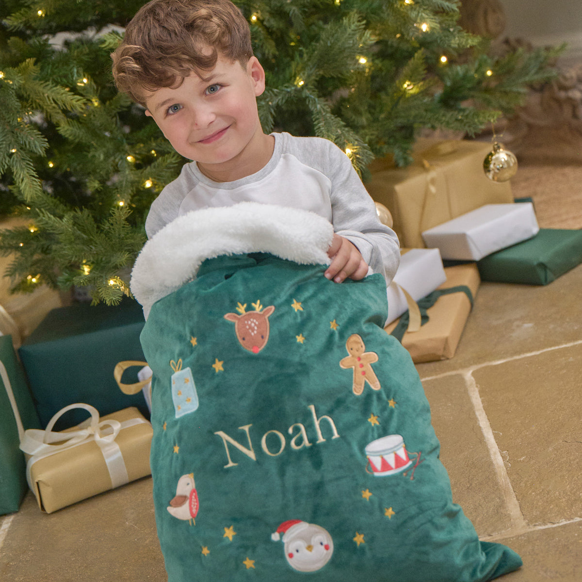 Personalised Green Embroidered Wreath Christmas Sack
