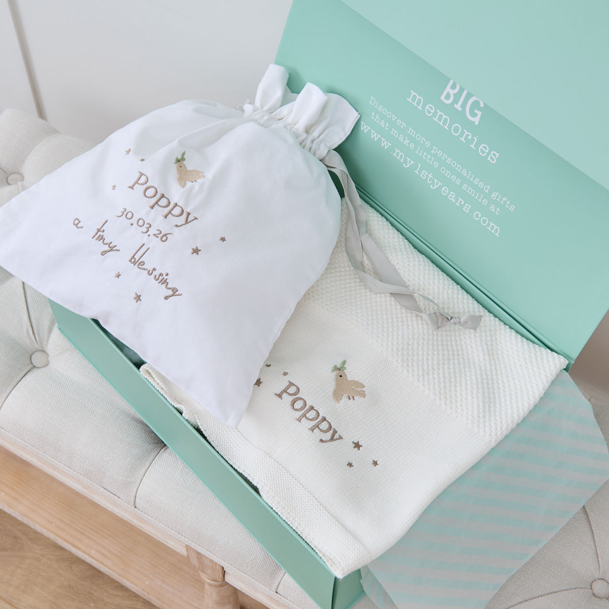 Personalised Tiny Blessing Blanket and Dust Bag Gift Set