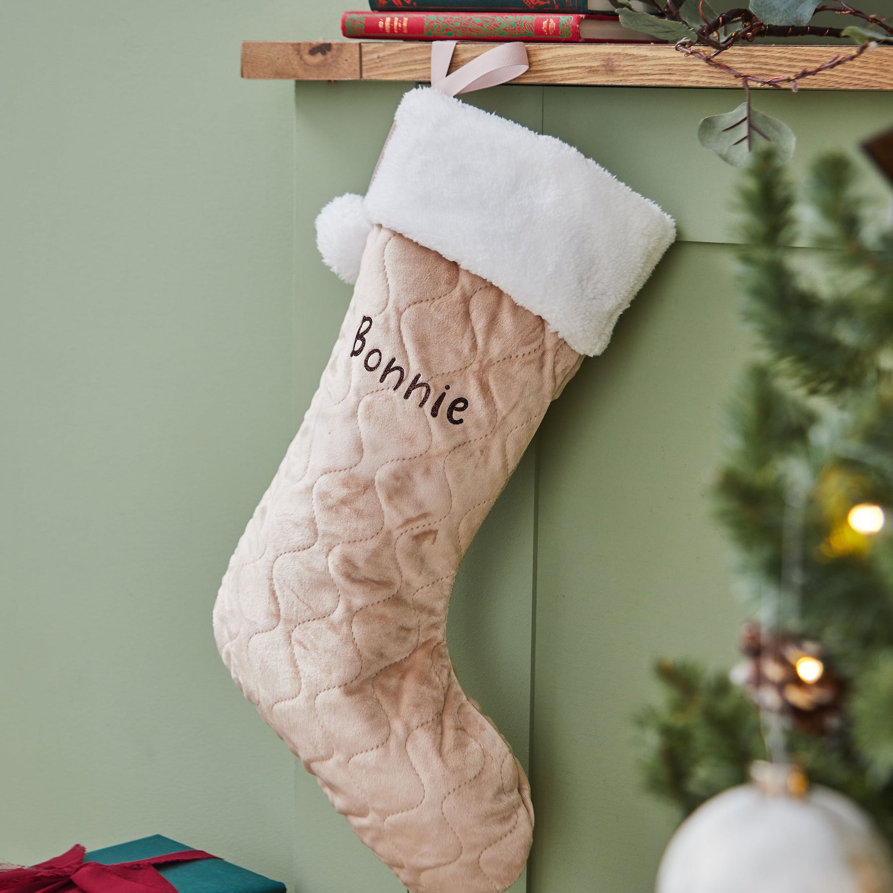 Personalised Name Small Oatmeal Velvet Gift Stocking