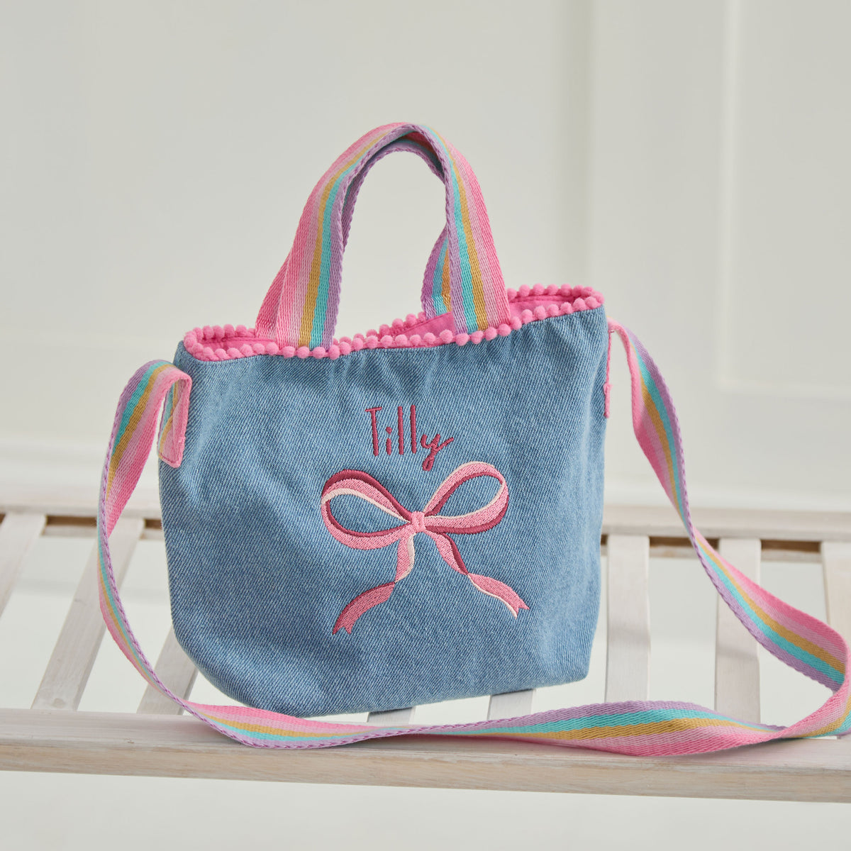 Personalised Bow Embroidered Denim Handbag