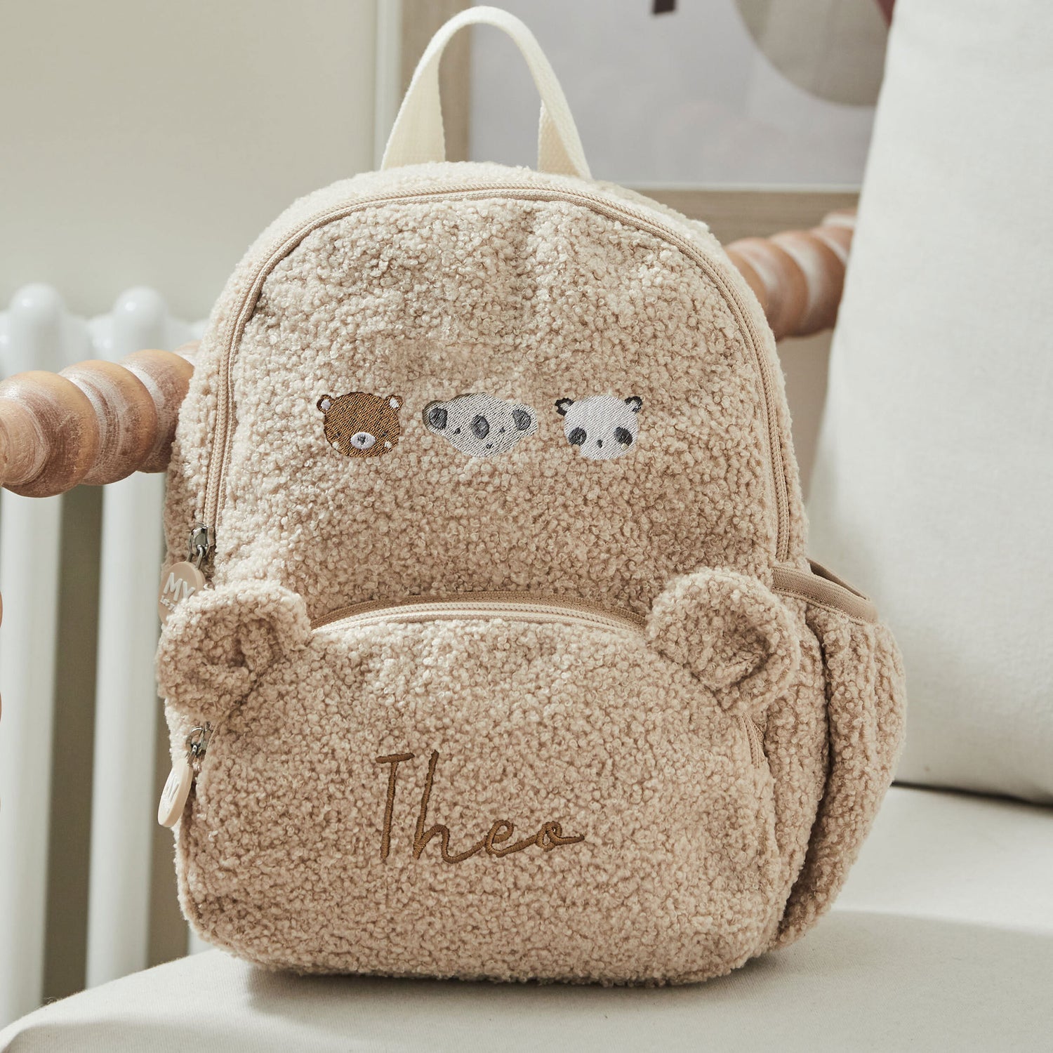 Personalised 3 Bears Embroidered Ecru Borg Mini Backpack