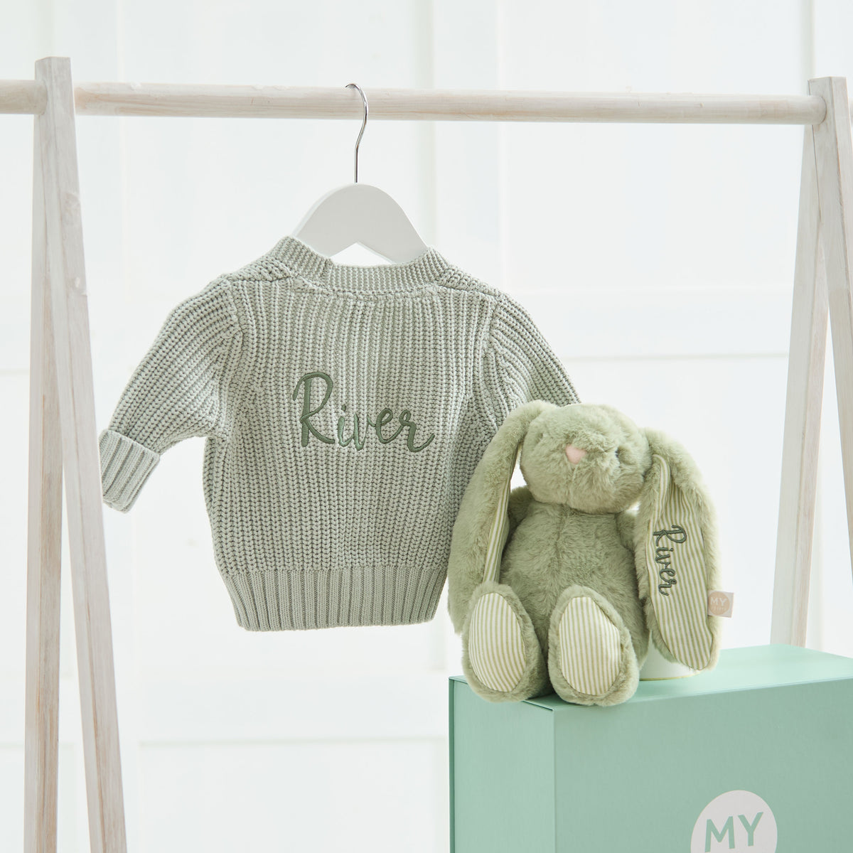 Personalised Sage Snuggle Bunny and Cardigan Gift Set