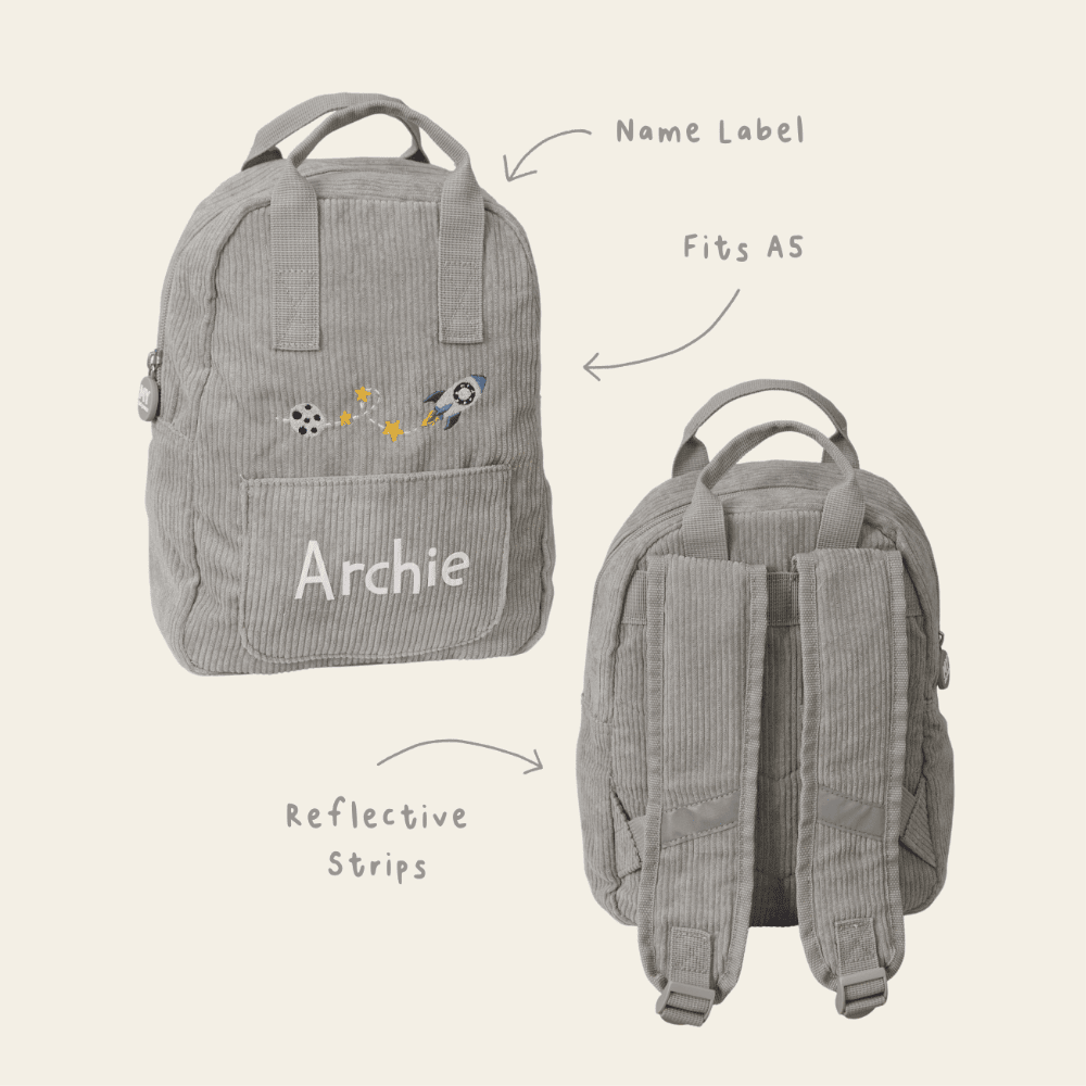 Personalised Rocket Embroidered Grey Cord Backpack