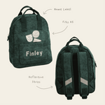 Personalised Let's Play Outside Badge Forest Green Cord Mini Backpack