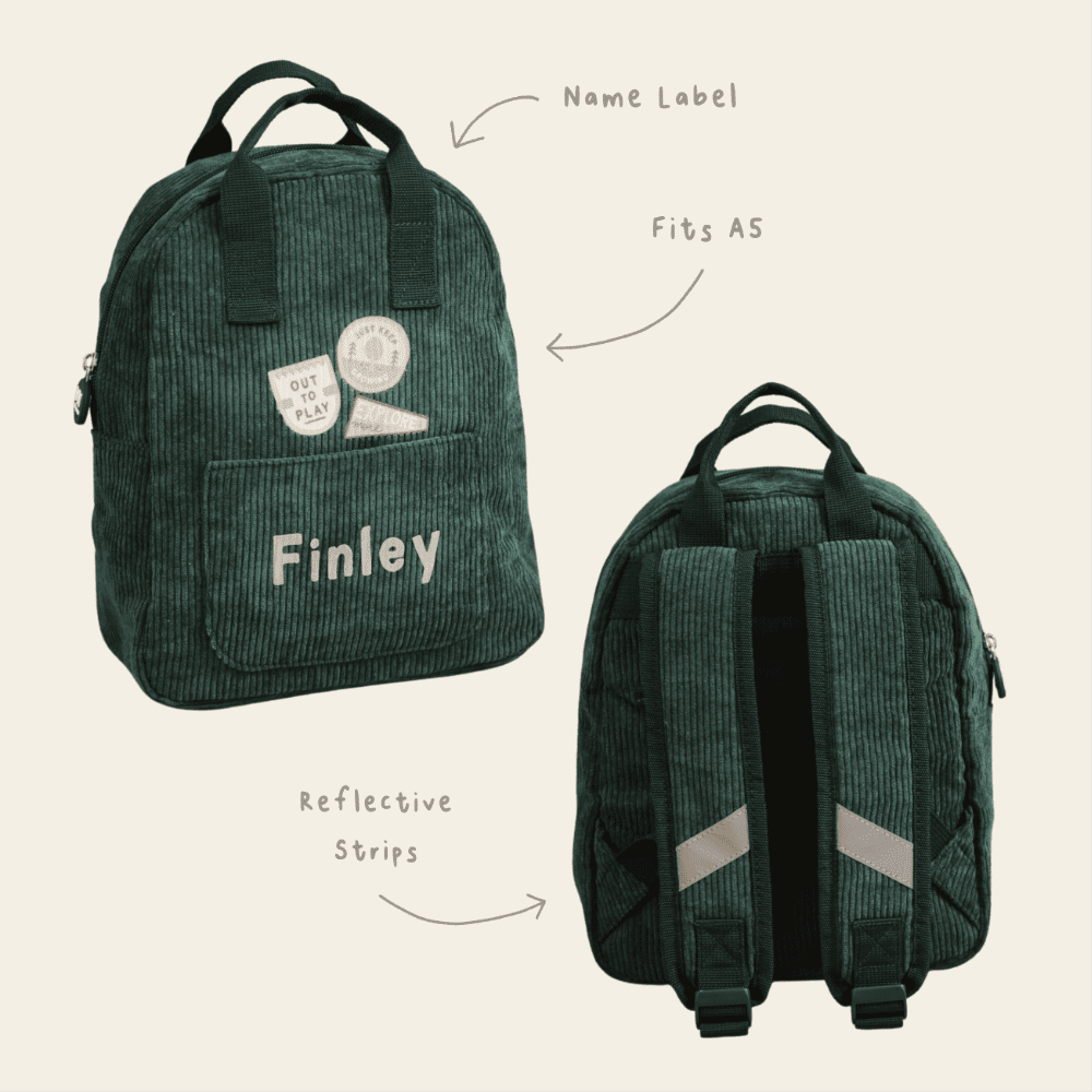 Personalised Let's Play Outside Badge Forest Green Cord Mini Backpack