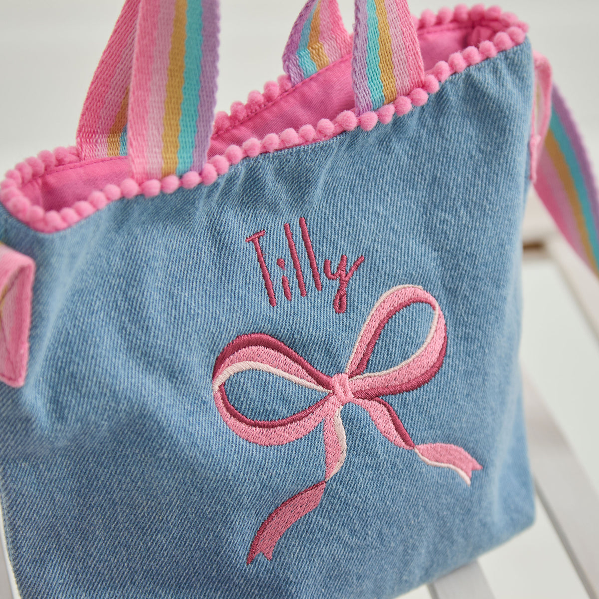Personalised Bow Embroidered Denim Handbag