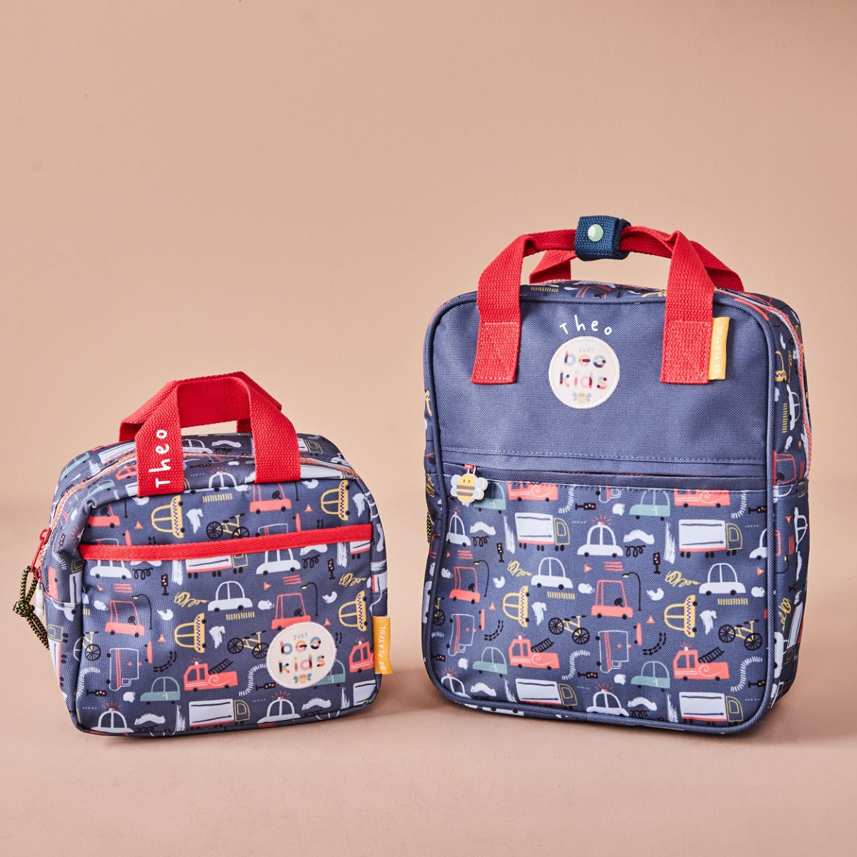 Personalised Just Bee Kids Transport Print Backpack & Lunch Bag Gift Set
