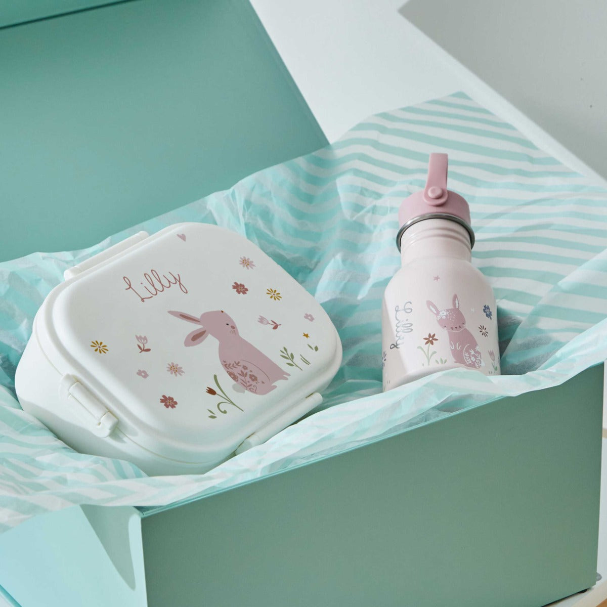 Personalised Pink Bunny Lunch Box and Water Bottle Set