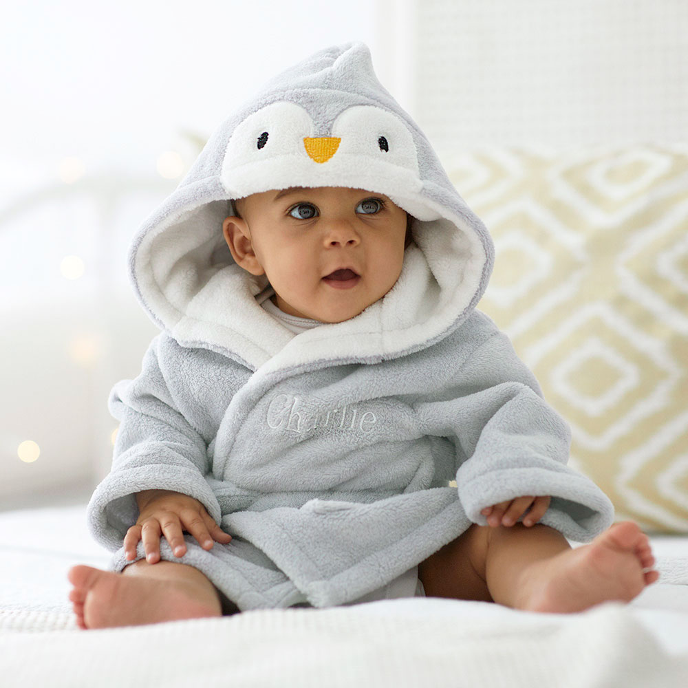 Personalized Grey Penguin Fleece Robe