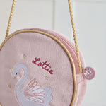 Personalised Swan Round Velvet Handbag