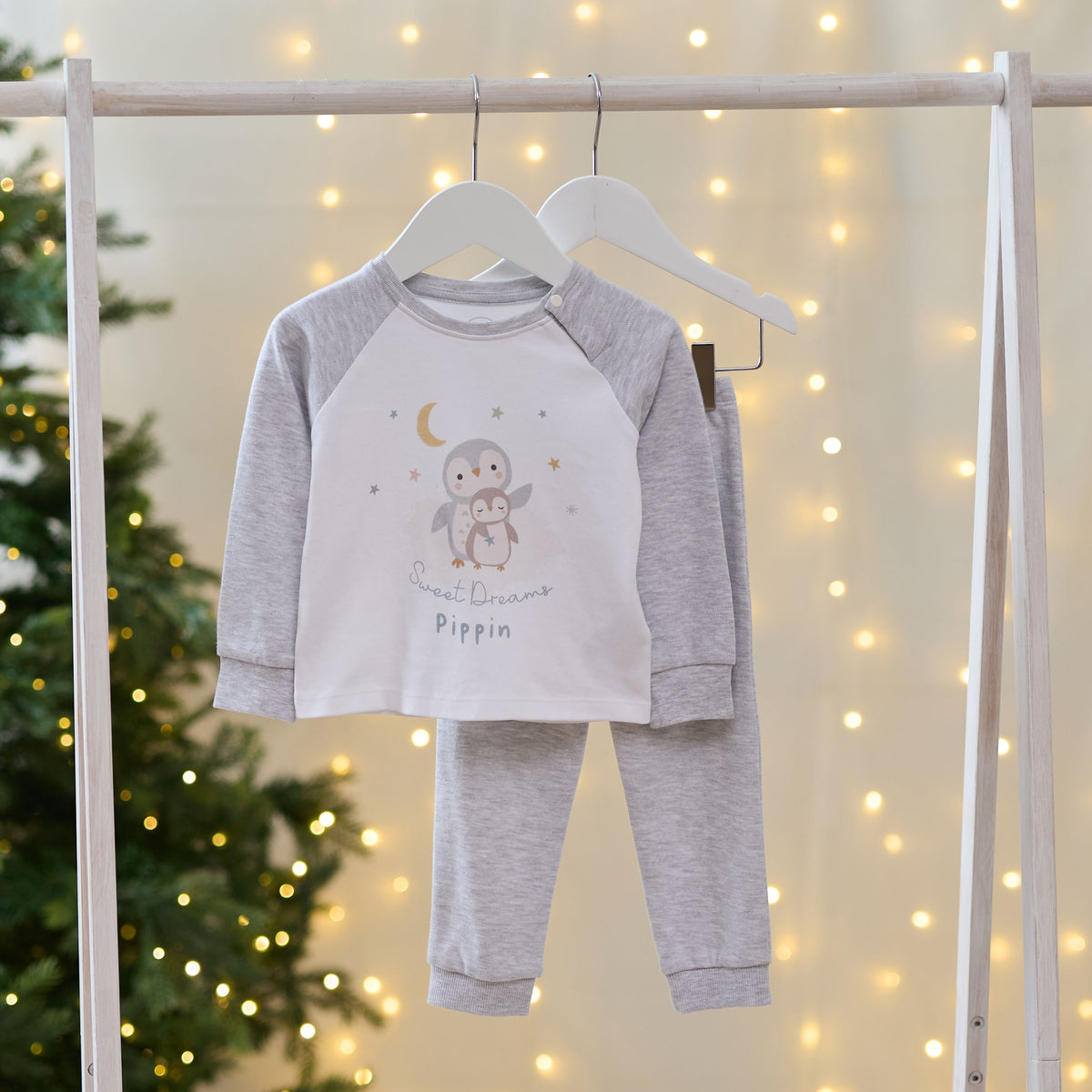Personalised Penguin Sweet Dreams Grey Jersey Pyjamas