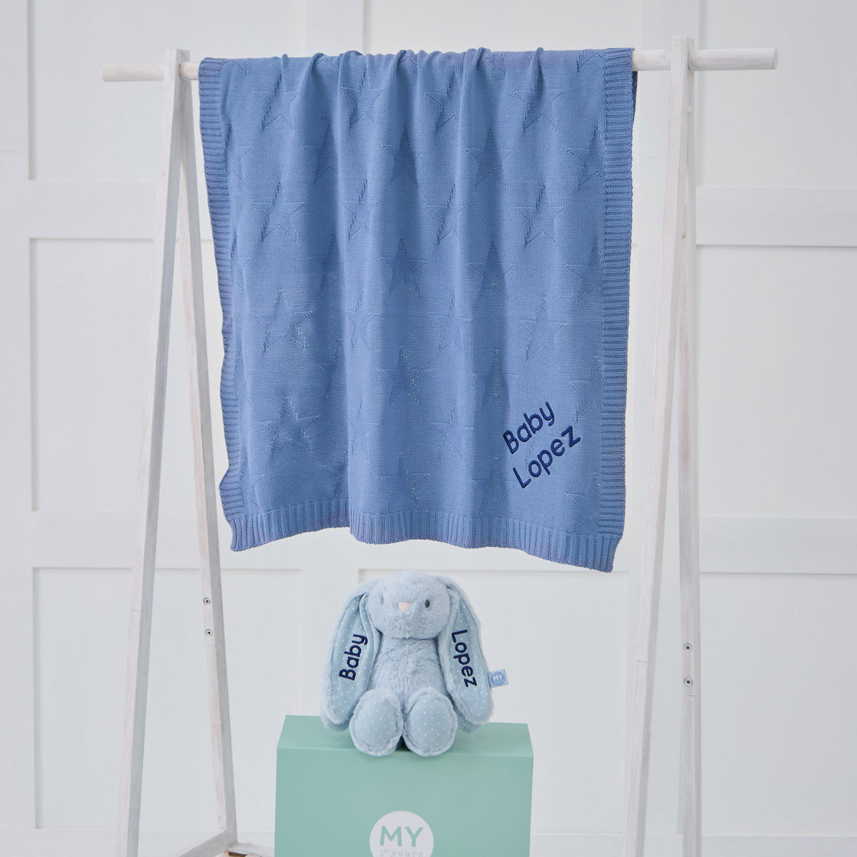 Personalized Blue Blanket and Bunny Gift Set