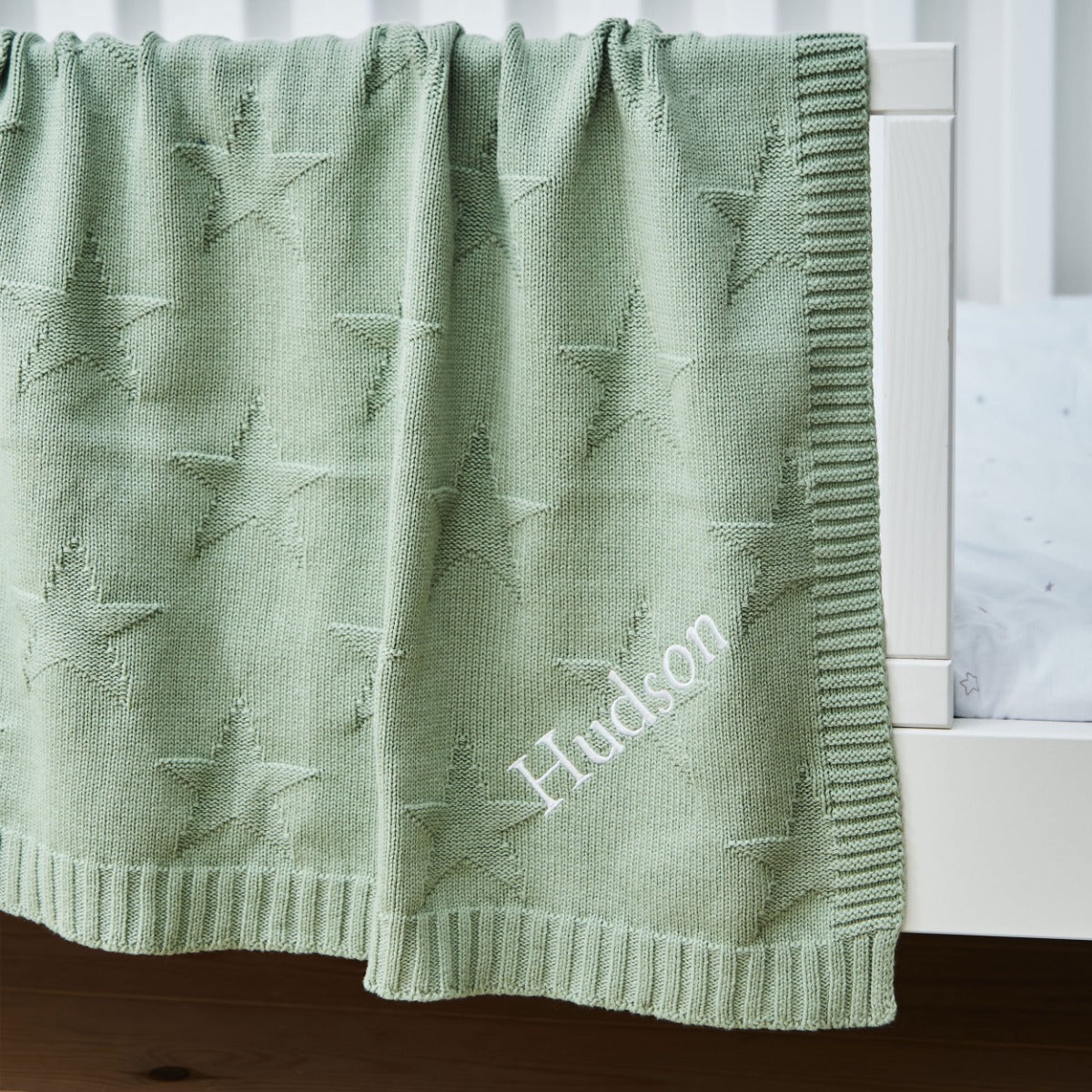 Personalized Sage Green Star Jacquard Blanket