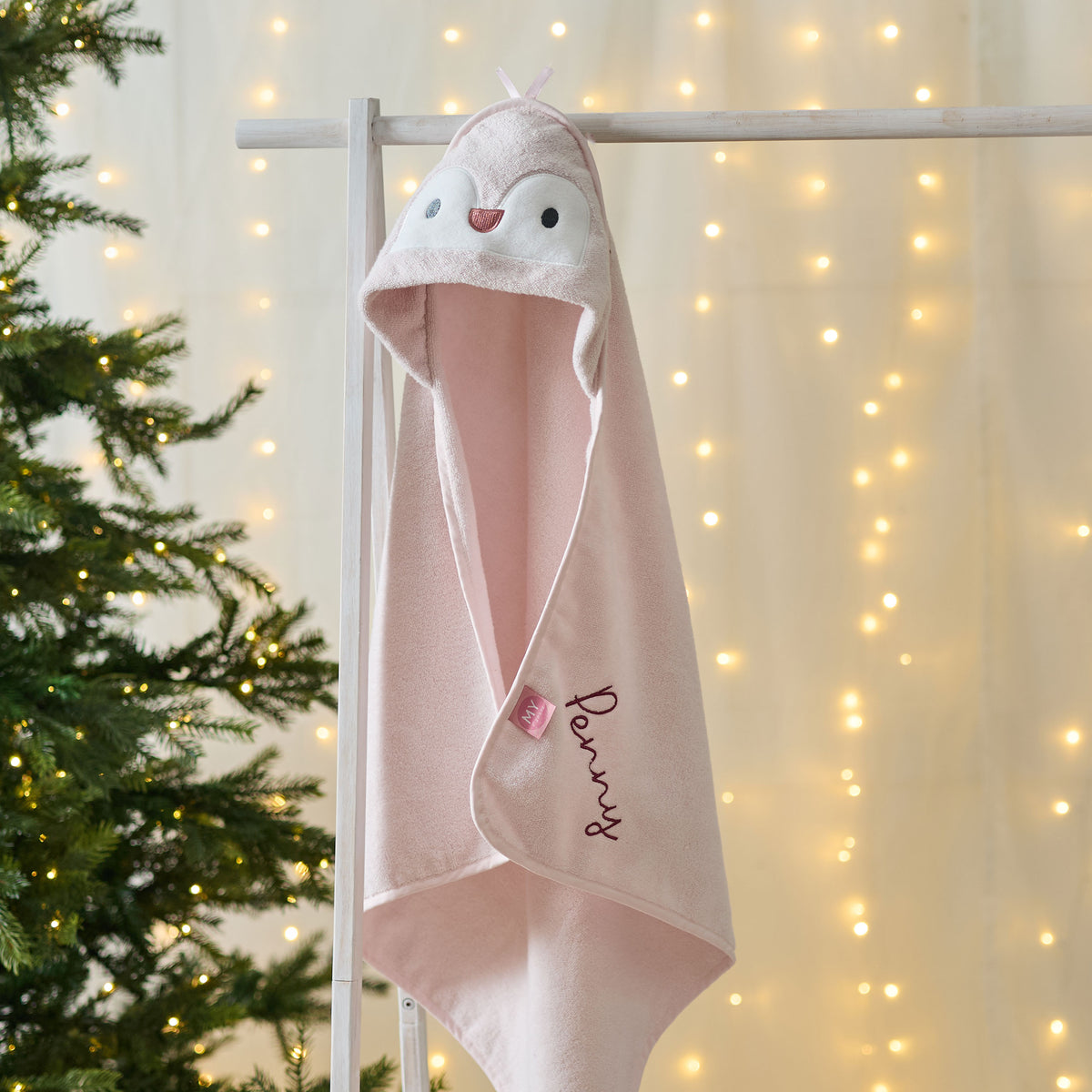 Personalised Pink Penguin Curved Hooded Towel
