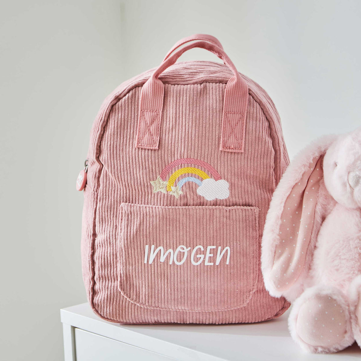 Personalised Rainbow Pink Cord Mini Backpack