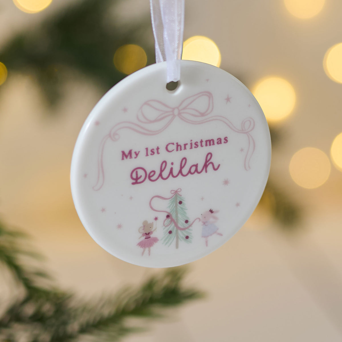 Personalised Pink Bow 1st Christmas Round Ceramic Decoration